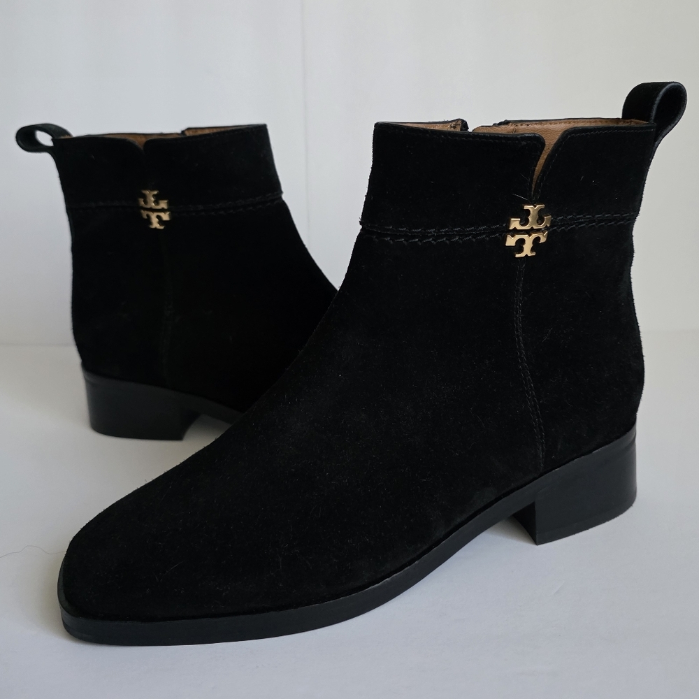 TORY BURCH EVERLY FLAT BOOTS ETRUSCO CALF SUEDE IN PERFECT BLACK SIZE 7 M